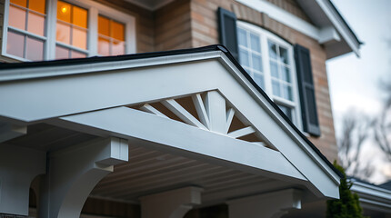 Fototapeta premium Close-up view of a house's white porch roof detail, featuring an ornamental sunburst design. The background shows a brick house with windows and shutters.