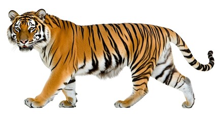 Fototapeta premium A ferocious tiger walks its thick fur and sharp gaze isolated on a white background