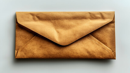 Brown kraft envelope on white background, simple mail correspondence, flat lay, minimal design, for communication concept.