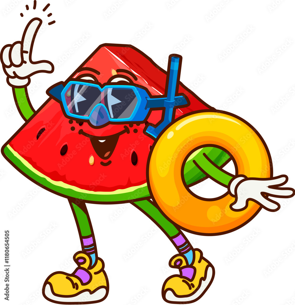 Poster Groovy cartoon watermelon cute character swimming and diving. Summer juicy fruit cheerful groovy isolated vector character, watermelon piece cute mascot in diving mask and swimming inflatable ring