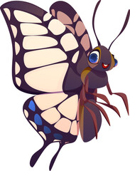 Cartoon funny swallowtail butterfly insect character with colorful, patterned wings and an endearing smile. Isolated vector cheerful butterfly personage with large, detailed wings and happy expression