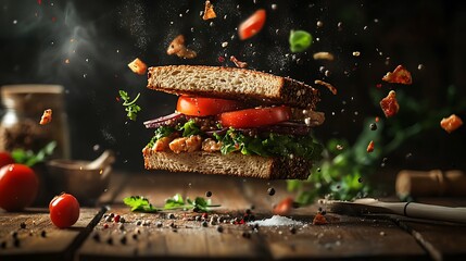 Delicious sandwich with flying ingredients on wooden table, closeup view