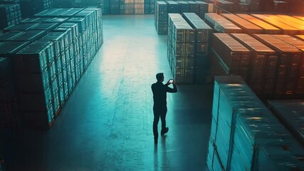 A professional using a tablet to check inventory in a large, organized warehouse. The neatly stacked shelves and dramatic lighting highlight efficient logistics, modern technology, and supply chain 