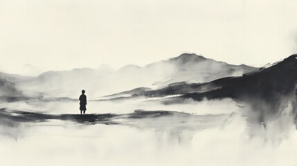 A solitary figure stands in a misty landscape, evoking introspection and tranquility.