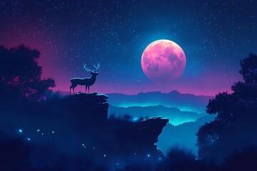 Fantasy landscape with reindeer and full moon in the night sky