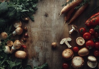 Fresh Organic Vegetables and Mushrooms Arranged on Rustic Wooden Surface for Healthy Eating, Cooking Inspiration, and Culinary Purposes