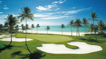 Tropical beach golf course putting green, ocean view, sunny day, vacation