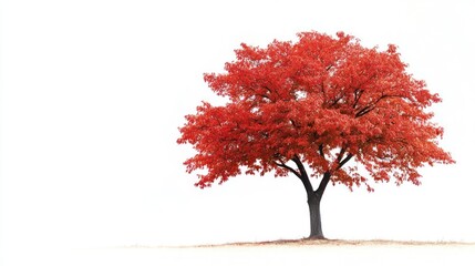 A solitary tree with vibrant red leaves against a minimalistic white background.