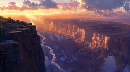 Sunset canyon vista, river flows, dramatic clouds, adventure game background