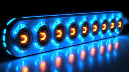Futuristic LED light bar with glowing orange accents,  on reflective surface,  dark background.