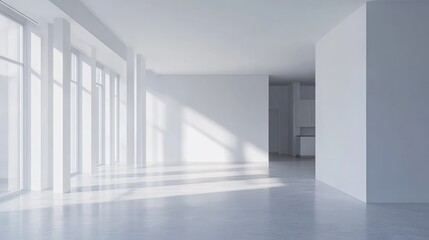 Obraz premium A spacious, minimalist interior with large windows allowing natural light.