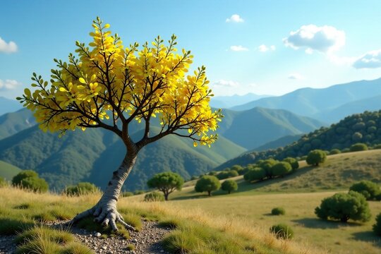 Small tree or shrub with gray-green branches and yellow flowers, landscape, Mediterranean