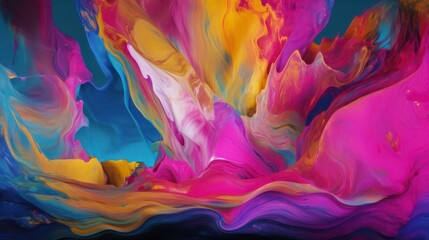 A brilliant wave of color bursts across the canvas. Layers of liquid-like, glossy textures in neon pink, electric blue, and golden yellow flow together seamlessly, creating a sense of dynamic movement