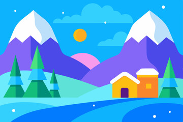 Vibrant Winter Wonderland with Snow-Capped Mountains, Evergreen Trees, and Cozy Cottage
