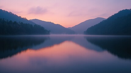 Fototapeta premium Serene sunrise over a calm lake reflecting pastel colors in misty mountains.
