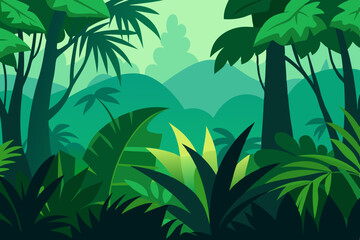 Obraz premium Lush Jungle Rainforest Scene with Diverse Plant Life