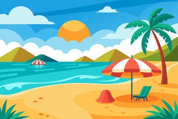 beach with treCartoon Beach Scene with Palm Tree and Ocean Waveses