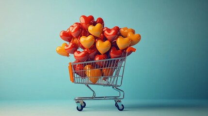 Naklejka premium A playful shopping cart filled with vibrant heart-shaped balloons, perfect for Valentine's Day promotions, celebrations of love, or joyful event advertising.