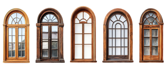 A collection of rustic wooden windows with arched frames in various styles and shapes, featuring a vintage aesthetic