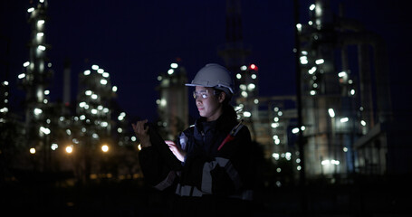 A female chemical worker in safety gear uses a digital tablet at a brightly lit refinery at night