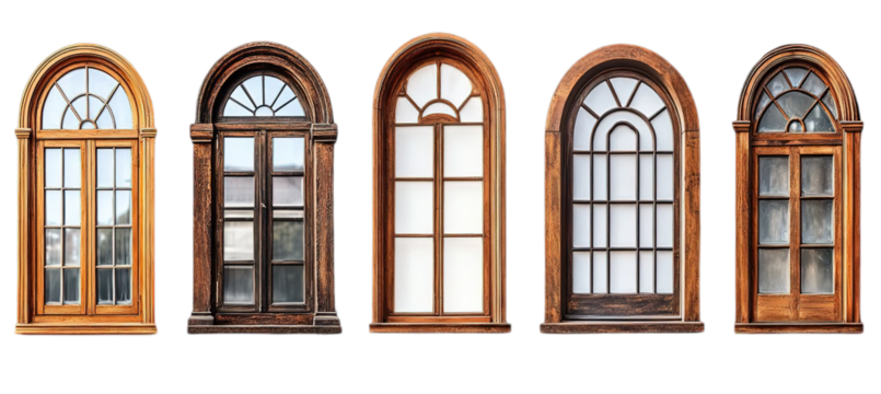 A collection of rustic wooden windows with arched frames in various styles and shapes, featuring a vintage aesthetic