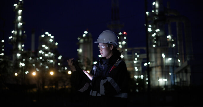 A female chemical  worker in safety gear uses a digital  tablet at a brightly lit refinery at night