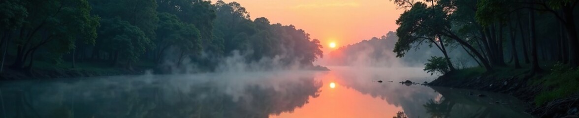Fototapeta premium Sundarbans mangrove forest at dawn with misty fog and sun peeking through, water, dawn, sunrise