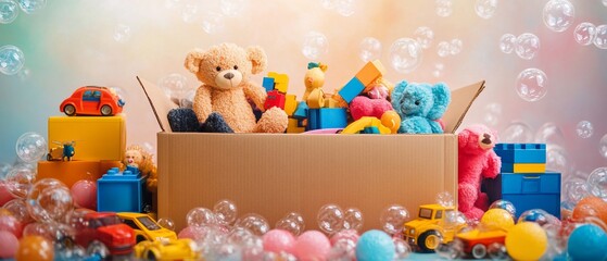 Obraz premium Cardboard box filled with various toys, surrounded by colorful balls and bubbles.