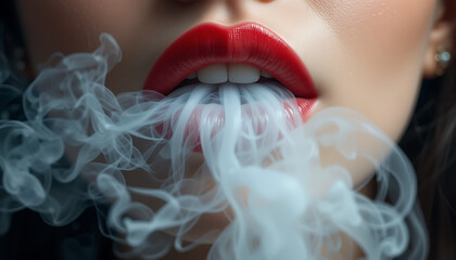 Woman's lips blowing smoke clouds - Generative AI image made to look like photorealistic macro photograph of lusciously red lips exhaling smoke/vape