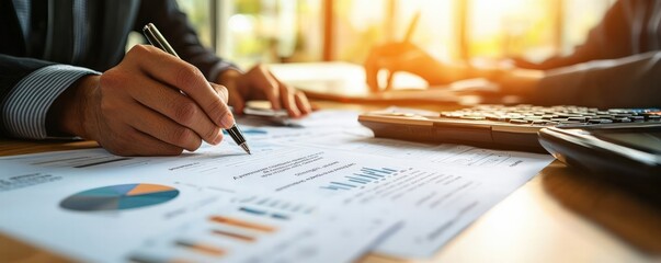 A person is analyzing financial documents with graphs and charts, using a pen, as sunlight streams through a window, creating a professional atmosphere.