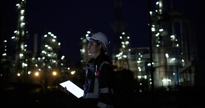 A female chemical  worker in safety gear uses a digital  tablet at a brightly lit refinery at night