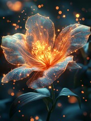 Beautiful glowing flower with sparkling particles and soft light on dark background