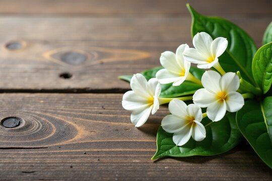 White mogra flower buds on a wooden background, garden flowers, simple elegance