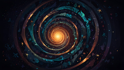 A surreal abstract puzzle-themed illustration with translucent pieces arranged in a spiral pattern, glowing softly against a dark, starry background