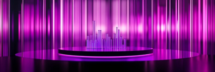 Abstract purple stage with glowing vertical lines and city skyline.