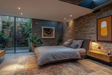 Fototapeta premium Modern bedroom with exposed brick wall, featuring a large bed and garden view. Image ideal for interior design, home decor, and real estate websites.