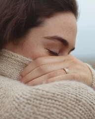 A woman is wearing a ring and is hugging herself