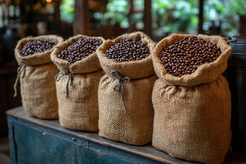 Obraz premium Burlap sacks contain rich coffee beans displayed on a wooden table in a cozy shop. Generative AI
