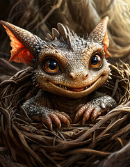 Fototapeta premium A little dragon. Huge eyes. He's sitting in the nest. The mouth is open. The teeth are large and sharp. Smile. AI generated content.