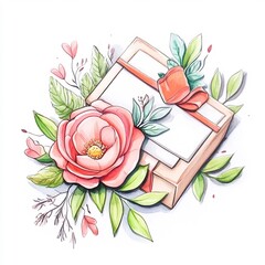Charming Hand-Drawn Illustration: Floral Gift Box Design, Delicate Watercolor Style. AI Generated