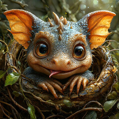 A little dragon. Huge eyes. He's sitting in the nest. The mouth is open. The teeth are large and sharp. Smile. AI generated content.