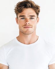 Fototapeta premium A man with a beard and blue eyes is wearing a white shirt