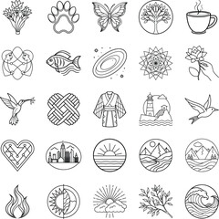 Line Art Icons Nature, Animals, Objects, and Symbols
