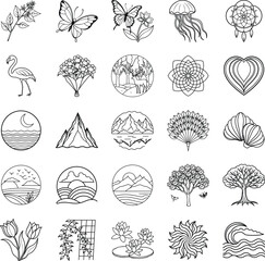 Line Art Nature Botanical Illustrations Butterflies, Flowers, Animals