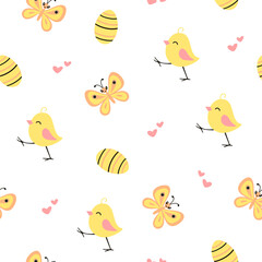 Easter pattern with different characters and other elements. Easter bunny, chicks, eggs and flowers, sheep, basket with eggs. Vector illustration.