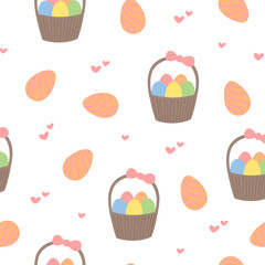 Easter pattern with different characters and other elements. Easter bunny, chicks, eggs and flowers, sheep, basket with eggs. Vector illustration.