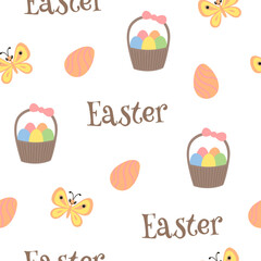 Easter pattern with different characters and other elements. Easter bunny, chicks, eggs and flowers, sheep, basket with eggs. Vector illustration.