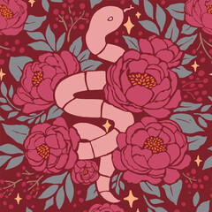 Year of Snake with Peonies Vector seamless pattern Chinese New Year