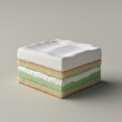 Layered Dessert with White Frosting, Green and White Cream, Soft Sponge Cake on a Neutral Background