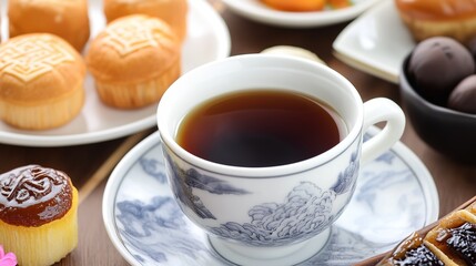 A Cup of Coffee with a Glass of Delahua, Accompanied by Refreshments, Small Desserts, and Flowers. A Delightful Scene of Leisure and Enjoyment.